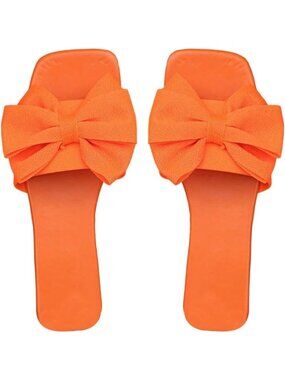 Women's Orange Rubber Summer Open Toe Slip On Stylish Bow Slide Flat Sandals